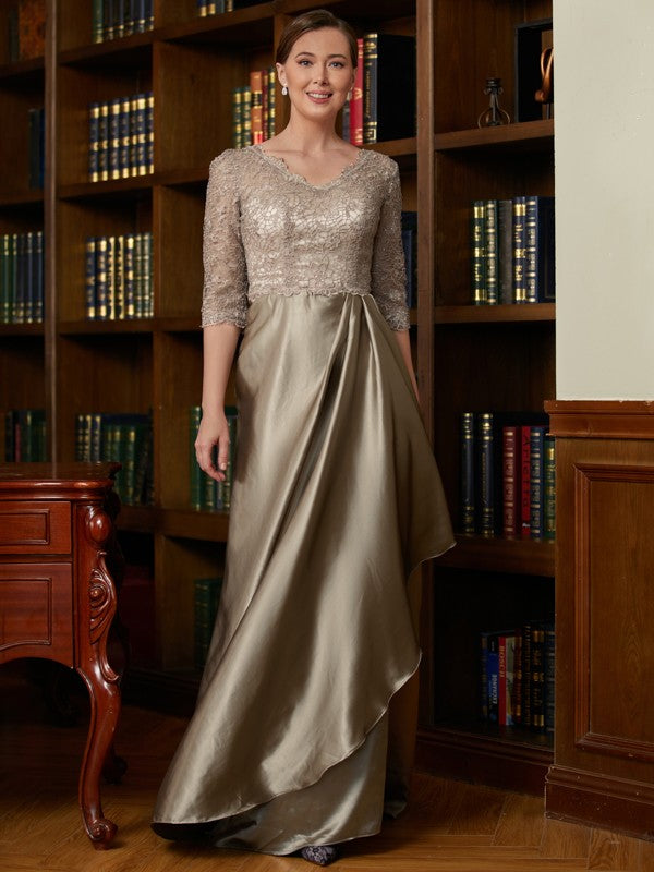 Hannah A-Line/Princess Silk Like Satin Lace V-neck 3/4 Sleeves Sweep/Brush Train Mother of the Bride Dresses DJP0020342