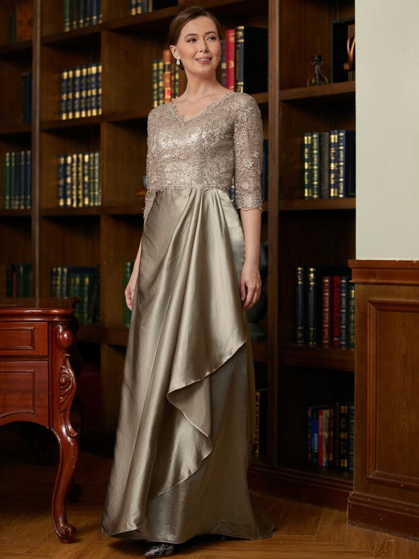 Hannah A-Line/Princess Silk Like Satin Lace V-neck 3/4 Sleeves Sweep/Brush Train Mother of the Bride Dresses DJP0020342