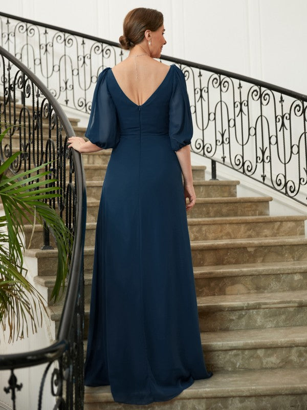 Renata A-Line/Princess Chiffon Ruched V-neck 1/2 Sleeves Floor-Length Mother of the Bride Dresses DJP0020344