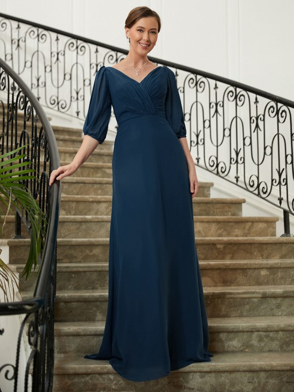 Renata A-Line/Princess Chiffon Ruched V-neck 1/2 Sleeves Floor-Length Mother of the Bride Dresses DJP0020344