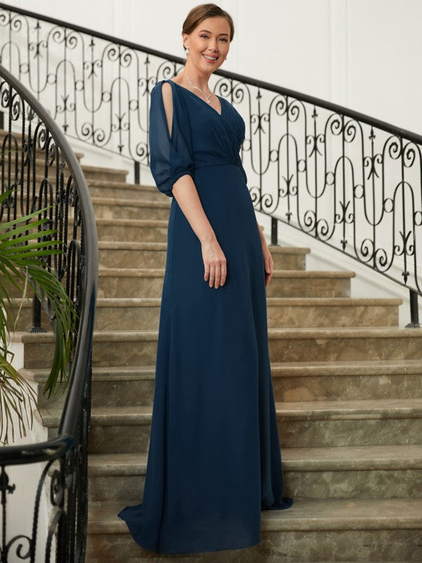 Renata A-Line/Princess Chiffon Ruched V-neck 1/2 Sleeves Floor-Length Mother of the Bride Dresses DJP0020344