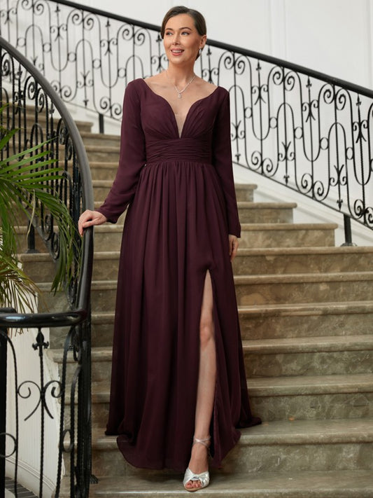 Lillian A-Line/Princess Chiffon Ruched V-neck Long Sleeves Floor-Length Mother of the Bride Dresses DJP0020345