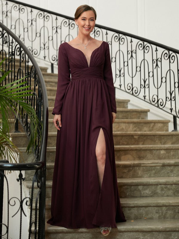 Lillian A-Line/Princess Chiffon Ruched V-neck Long Sleeves Floor-Length Mother of the Bride Dresses DJP0020345