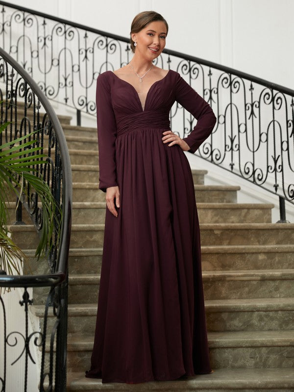 Lillian A-Line/Princess Chiffon Ruched V-neck Long Sleeves Floor-Length Mother of the Bride Dresses DJP0020345