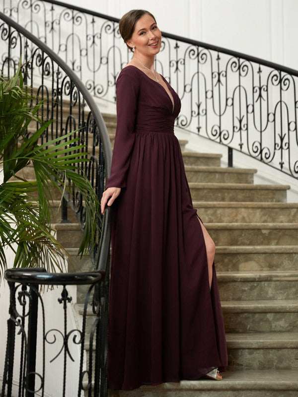 Lillian A-Line/Princess Chiffon Ruched V-neck Long Sleeves Floor-Length Mother of the Bride Dresses DJP0020345