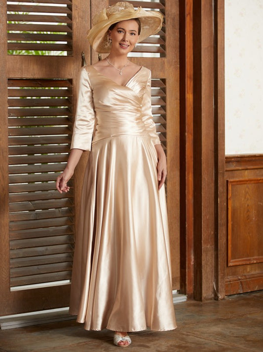 Ivy A-Line/Princess Elastic Woven Satin Ruched V-neck 3/4 Sleeves Ankle-Length Mother of the Bride Dresses DJP0020362