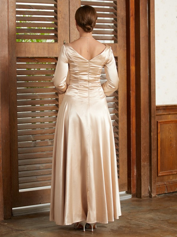 Ivy A-Line/Princess Elastic Woven Satin Ruched V-neck 3/4 Sleeves Ankle-Length Mother of the Bride Dresses DJP0020362