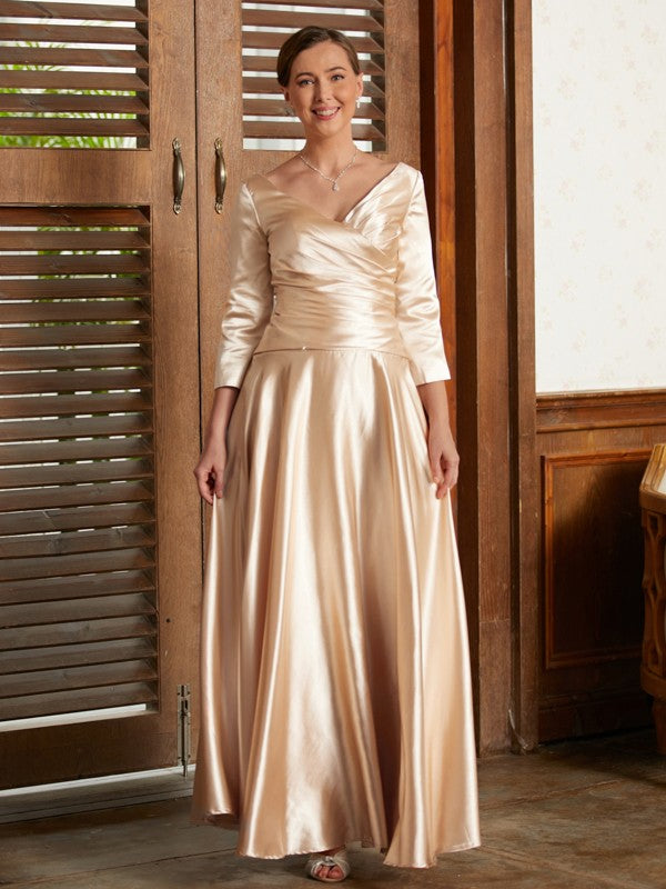 Ivy A-Line/Princess Elastic Woven Satin Ruched V-neck 3/4 Sleeves Ankle-Length Mother of the Bride Dresses DJP0020362