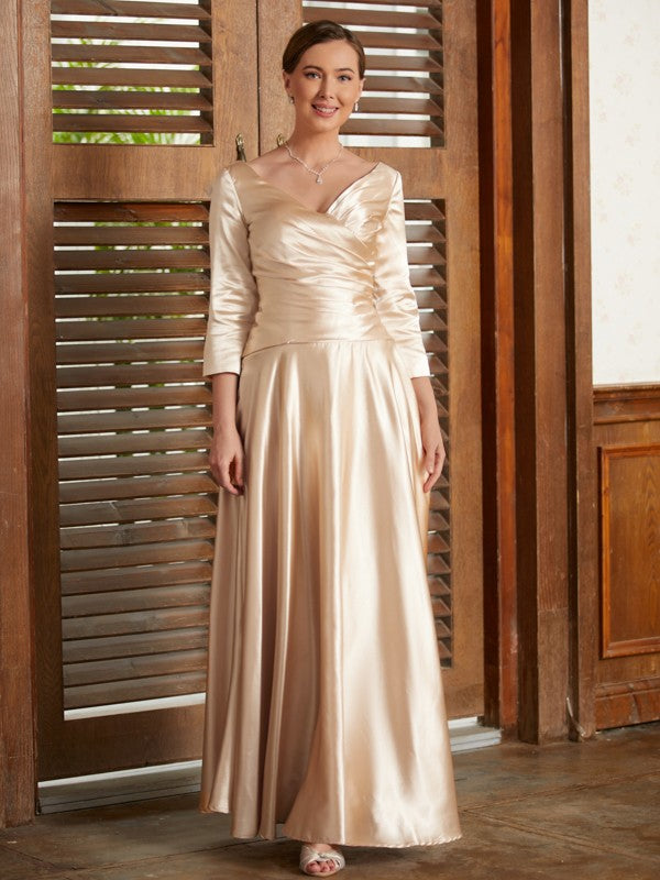 Ivy A-Line/Princess Elastic Woven Satin Ruched V-neck 3/4 Sleeves Ankle-Length Mother of the Bride Dresses DJP0020362