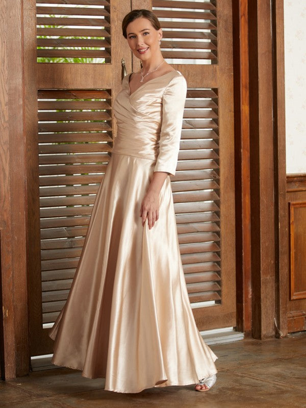 Ivy A-Line/Princess Elastic Woven Satin Ruched V-neck 3/4 Sleeves Ankle-Length Mother of the Bride Dresses DJP0020362