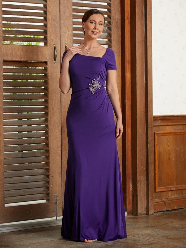 Jaqueline Sheath/Column Jersey Beading Square Short Sleeves Floor-Length Mother of the Bride Dresses DJP0020333