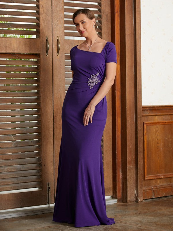 Jaqueline Sheath/Column Jersey Beading Square Short Sleeves Floor-Length Mother of the Bride Dresses DJP0020333