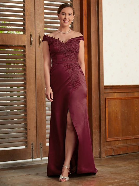 Cara Sheath/Column Satin Applique Off-the-Shoulder Sleeveless Sweep/Brush Train Mother of the Bride Dresses DJP0020348