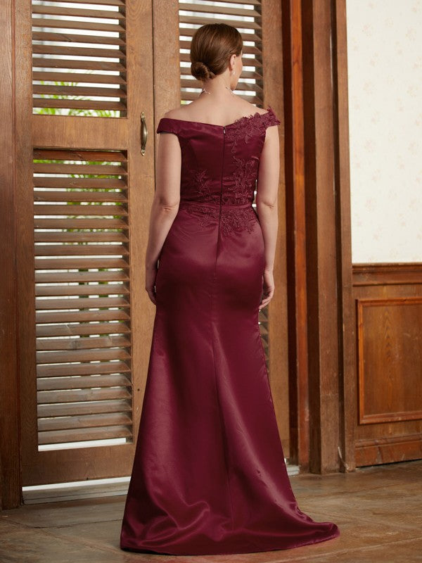 Cara Sheath/Column Satin Applique Off-the-Shoulder Sleeveless Sweep/Brush Train Mother of the Bride Dresses DJP0020348