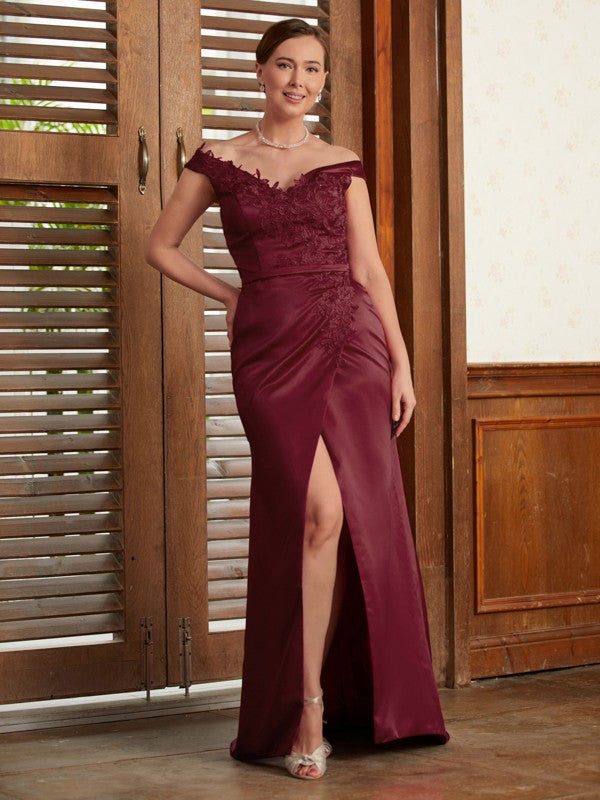 Cara Sheath/Column Satin Applique Off-the-Shoulder Sleeveless Sweep/Brush Train Mother of the Bride Dresses DJP0020348