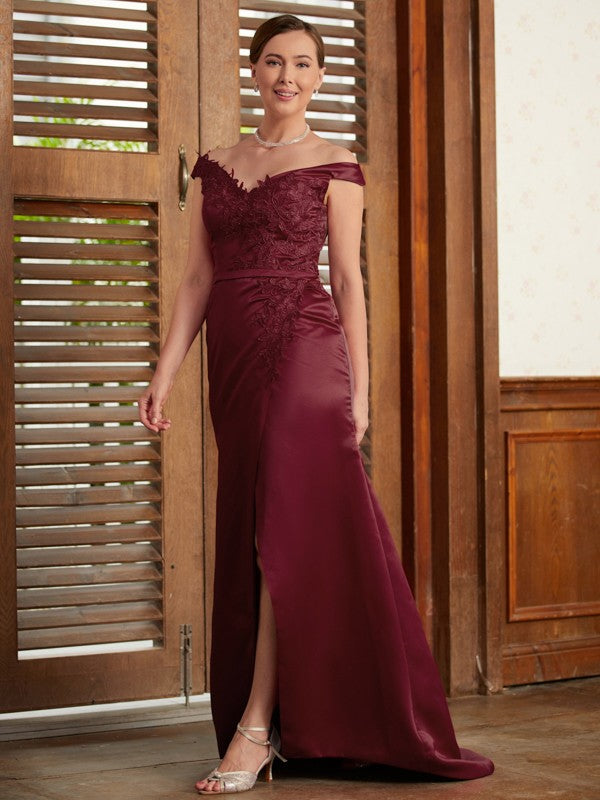 Cara Sheath/Column Satin Applique Off-the-Shoulder Sleeveless Sweep/Brush Train Mother of the Bride Dresses DJP0020348