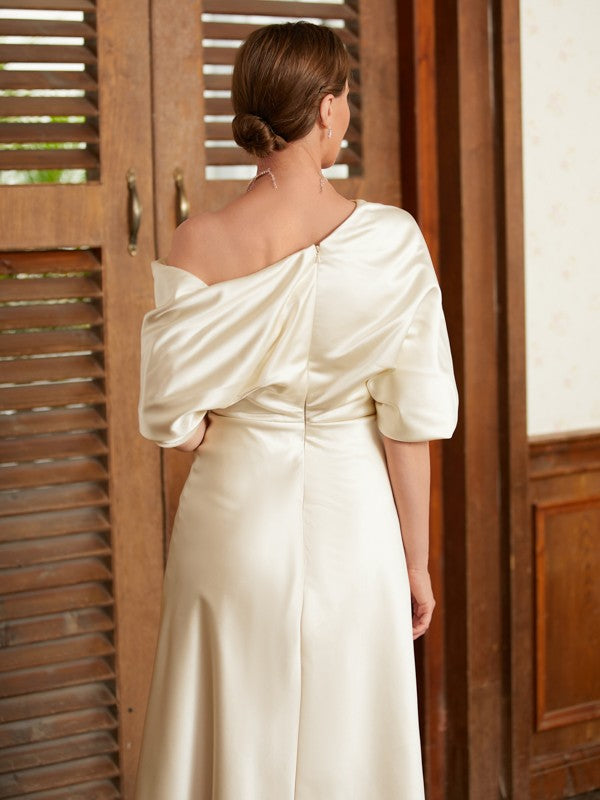 Minnie A-Line/Princess Charmeuse Ruched Off-the-Shoulder 1/2 Sleeves Tea-Length Mother of the Bride Dresses DJP0020363