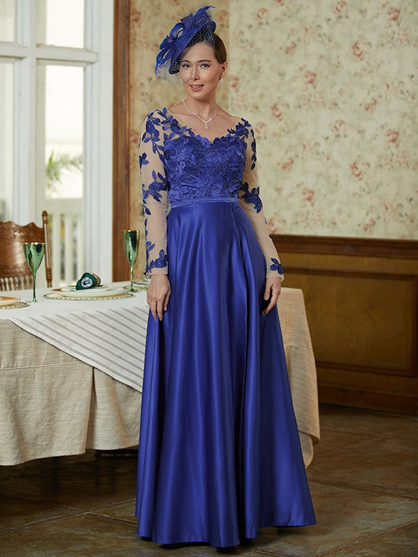 Cameron A-Line/Princess Satin Applique V-neck Long Sleeves Floor-Length Mother of the Bride Dresses DJP0020358