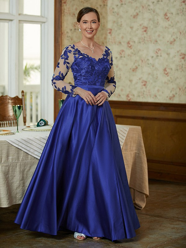 Cameron A-Line/Princess Satin Applique V-neck Long Sleeves Floor-Length Mother of the Bride Dresses DJP0020358