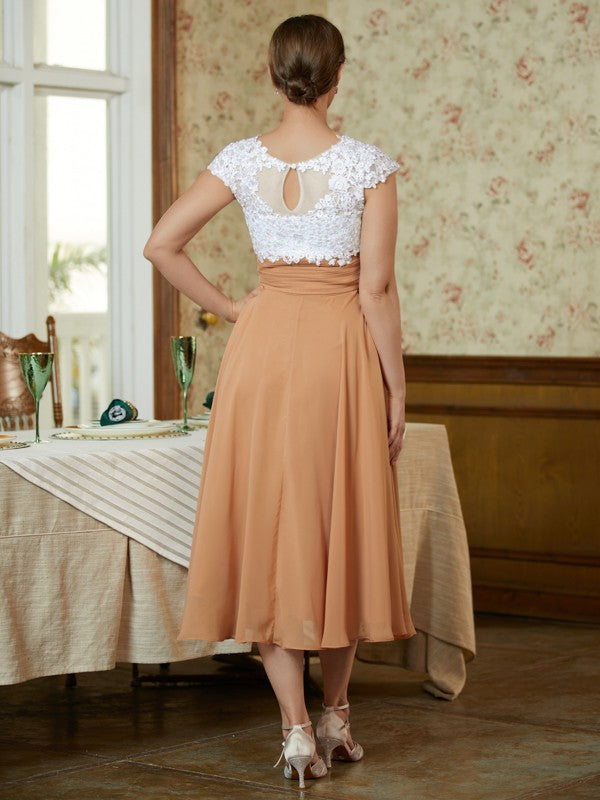 Claire A-Line/Princess Chiffon Lace V-neck Sleeveless Tea-Length Mother of the Bride Dresses DJP0020364