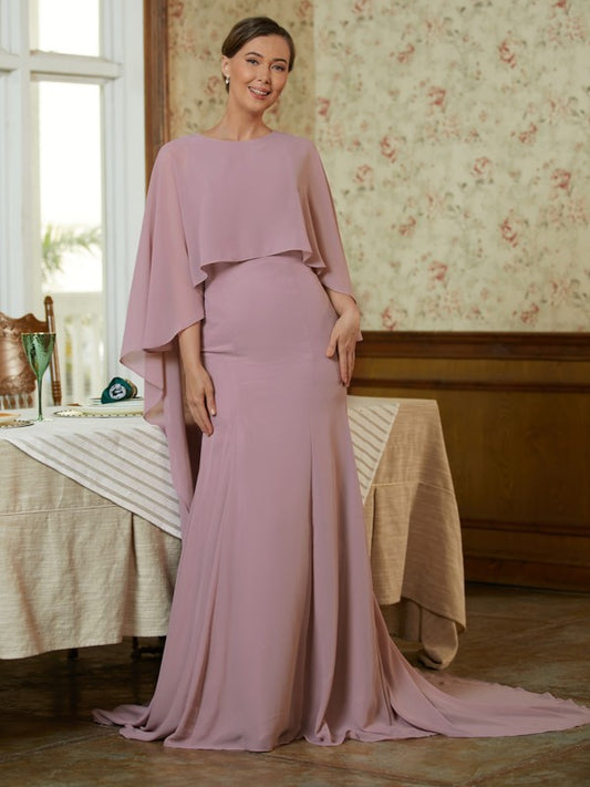 Brenda Sheath/Column Chiffon Ruffles Scoop Long Sleeves Sweep/Brush Train Mother of the Bride Dresses DJP0020360