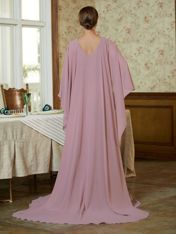 Brenda Sheath/Column Chiffon Ruffles Scoop Long Sleeves Sweep/Brush Train Mother of the Bride Dresses DJP0020360