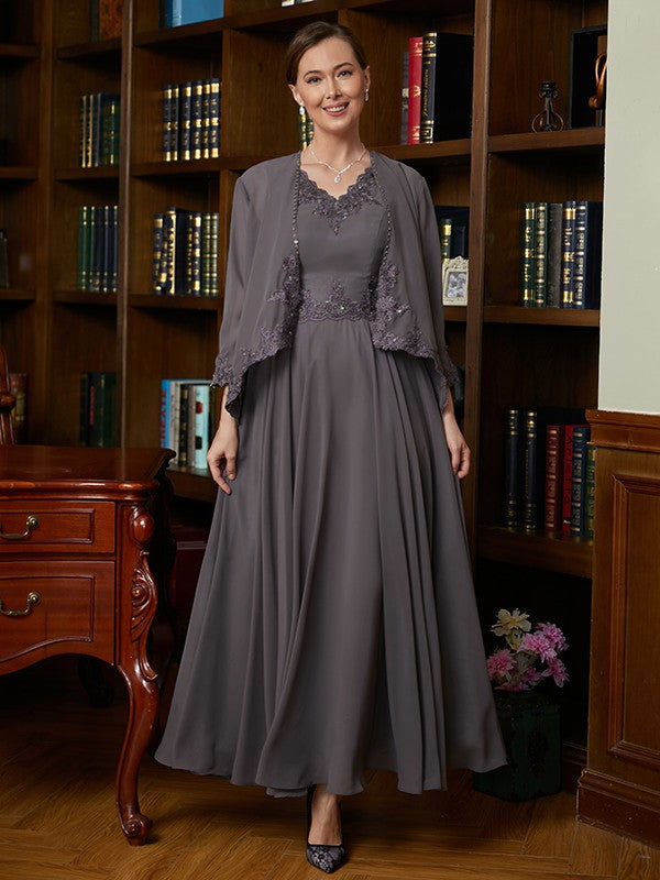 Sarah A-Line/Princess Chiffon Applique V-neck Sleeveless Ankle-Length Mother of the Bride Dresses DJP0020365