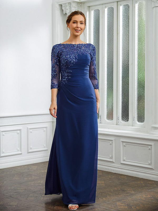 Carleigh Sheath/Column Chiffon Applique Bateau 3/4 Sleeves Floor-Length Mother of the Bride Dresses DJP0020280