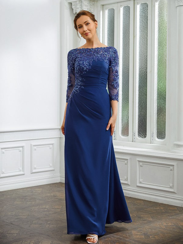 Carleigh Sheath/Column Chiffon Applique Bateau 3/4 Sleeves Floor-Length Mother of the Bride Dresses DJP0020280