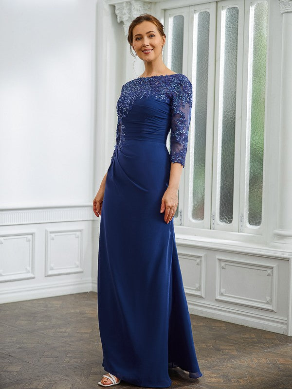 Carleigh Sheath/Column Chiffon Applique Bateau 3/4 Sleeves Floor-Length Mother of the Bride Dresses DJP0020280