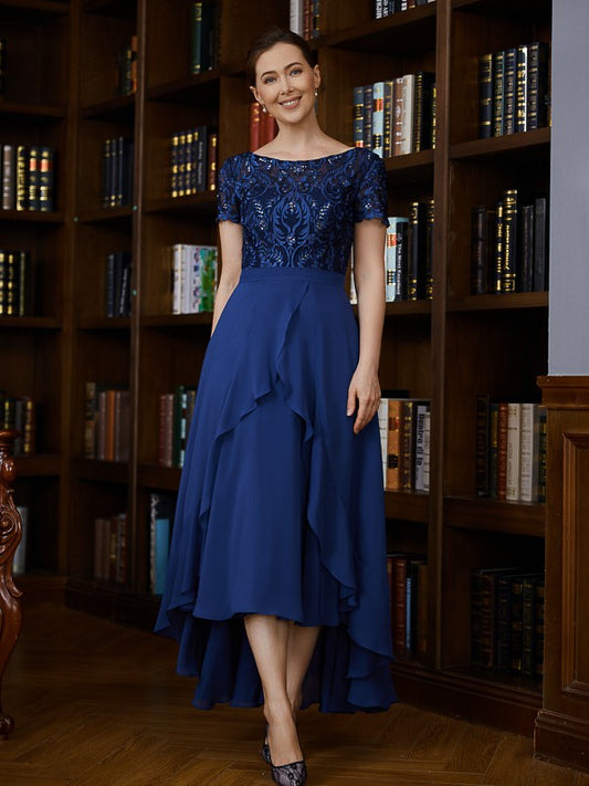 Maritza A-Line/Princess Chiffon Applique Bateau Short Sleeves Asymmetrical Mother of the Bride Dresses DJP0020281