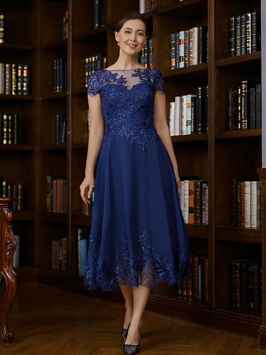 Cheyanne A-Line/Princess Chiffon Applique Bateau Short Sleeves Tea-Length Mother of the Bride Dresses DJP0020275