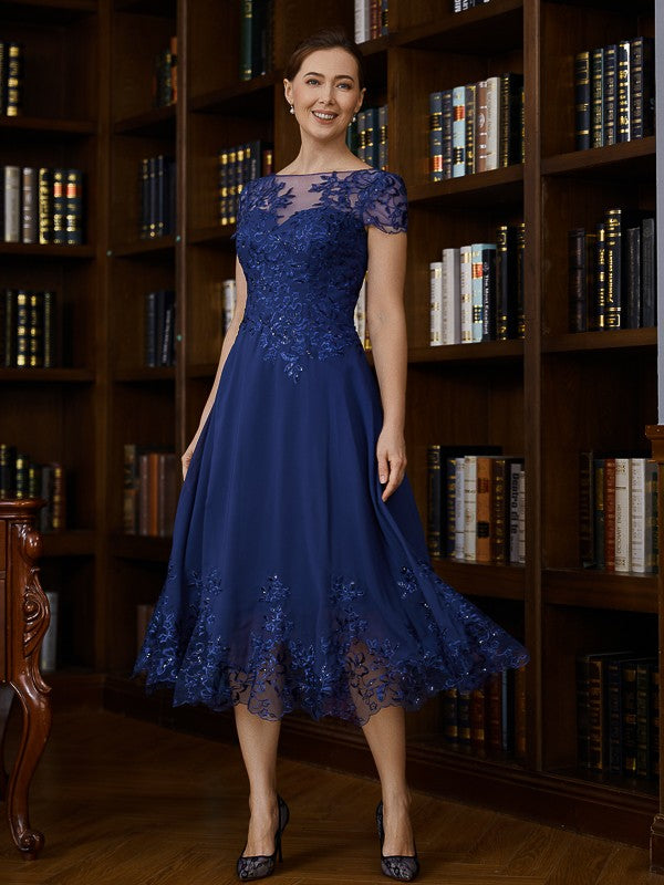 Cheyanne A-Line/Princess Chiffon Applique Bateau Short Sleeves Tea-Length Mother of the Bride Dresses DJP0020275