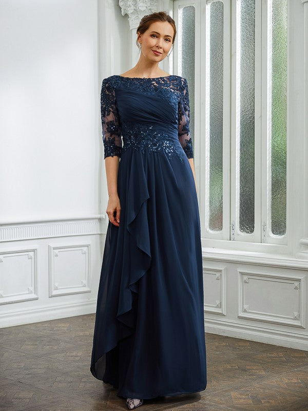 Willow A-Line/Princess Chiffon Applique Bateau 3/4 Sleeves Floor-Length Mother of the Bride Dresses DJP0020276