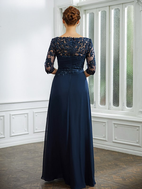 Willow A-Line/Princess Chiffon Applique Bateau 3/4 Sleeves Floor-Length Mother of the Bride Dresses DJP0020276