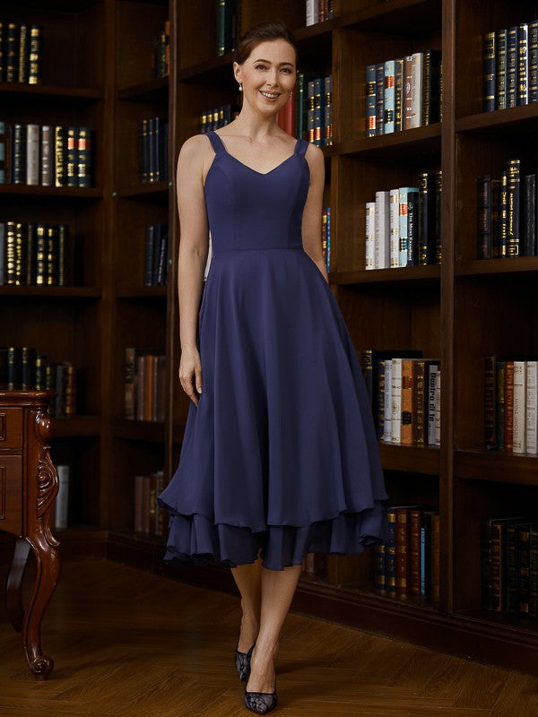 Marisa A-Line/Princess Chiffon Ruched V-neck Sleeveless Tea-Length Mother of the Bride Dresses DJP0020277