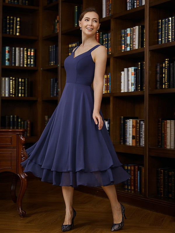 Marisa A-Line/Princess Chiffon Ruched V-neck Sleeveless Tea-Length Mother of the Bride Dresses DJP0020277