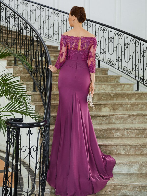 Amiyah Sheath/Column Chiffon Applique Off-the-Shoulder 3/4 Sleeves Sweep/Brush Train Mother of the Bride Dresses DJP0020278