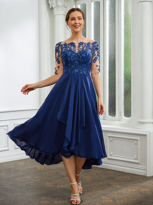 Briley A-Line/Princess Chiffon Applique Bateau 1/2 Sleeves Tea-Length Mother of the Bride Dresses DJP0020279