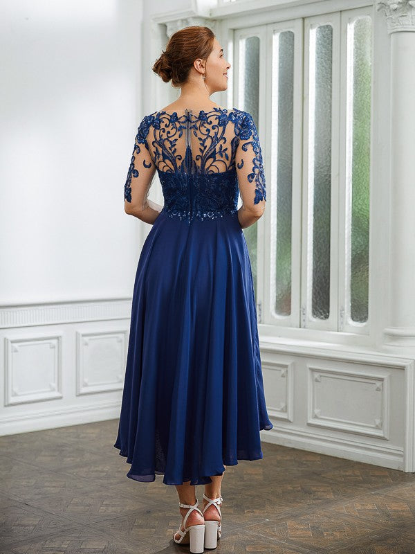 Briley A-Line/Princess Chiffon Applique Bateau 1/2 Sleeves Tea-Length Mother of the Bride Dresses DJP0020279