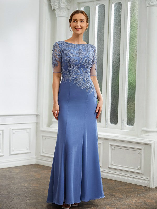 Anna Sheath/Column Chiffon Applique Bateau Short Sleeves Floor-Length Mother of the Bride Dresses DJP0020272