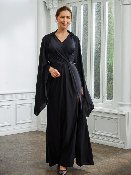 Sherry Sheath/Column Jersey Ruched V-neck Sleeveless Floor-Length Mother of the Bride Dresses DJP0020246