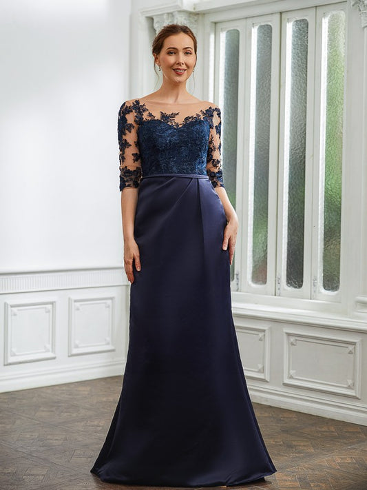 Michaela Sheath/Column Satin Applique Bateau 1/2 Sleeves Sweep/Brush Train Mother of the Bride Dresses DJP0020243