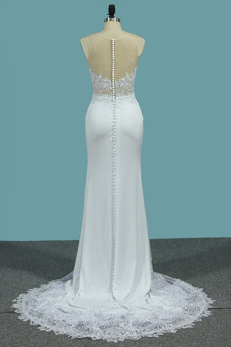 Mermaid Scoop Spandex Wedding Dresses With Applique Sweep Train