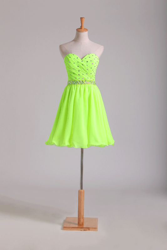 Sweetheart Pleated Bodice Beaded Waistline Homecoming Dress Short Chiffon