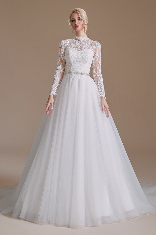 A-Line Lace Appliques Long Sleeve Tulle Chapel Train Wedding Dresses