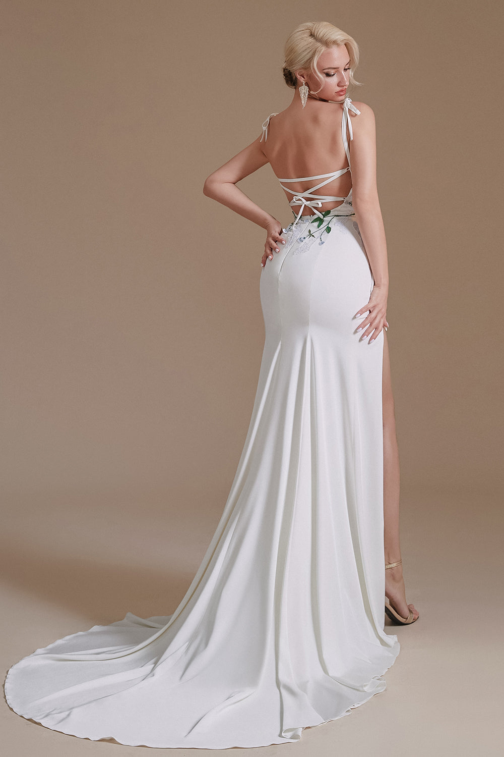 Simple Spaghetti Straps Appliques Sweep Train High Split Wedding Dresses