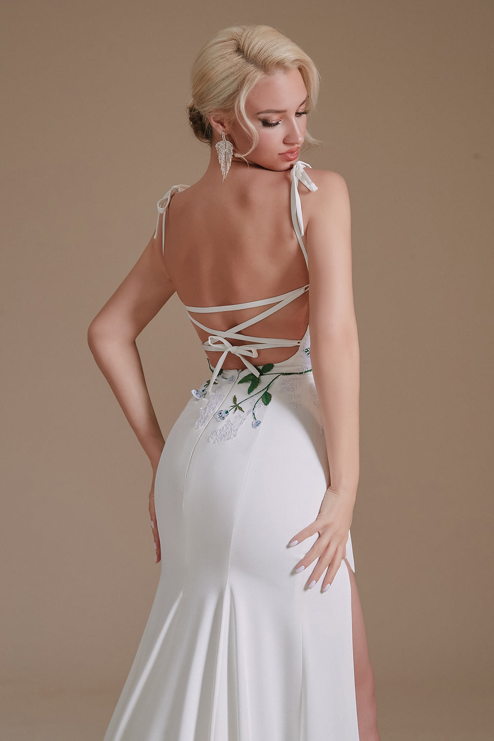 Simple Spaghetti Straps Appliques Sweep Train High Split Wedding Dresses