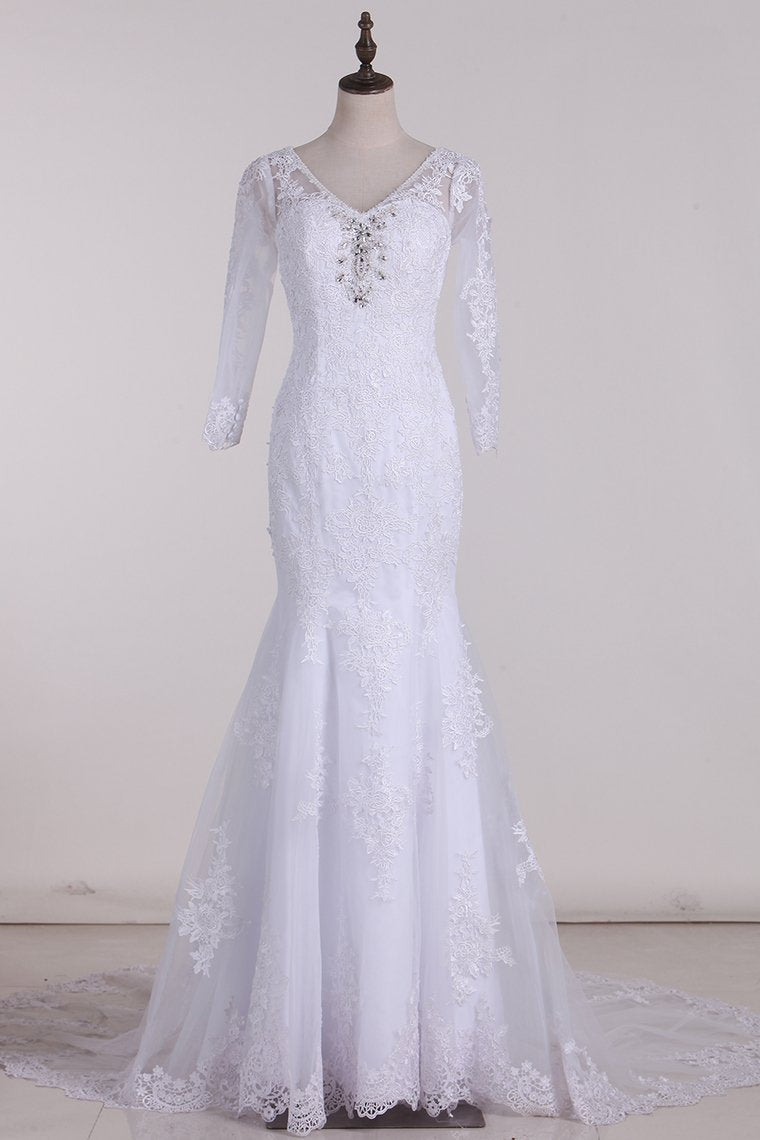 2024 V-Neck 3/4 Length Sleeve Wedding Dresses Mermaid Tulle With Beads And Applique Court Train