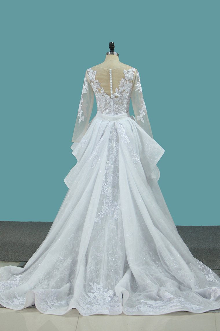 Scoop Long Sleeves Tulle & Lace Mermaid With Applique Chapel Train Detachable Wedding Dresses